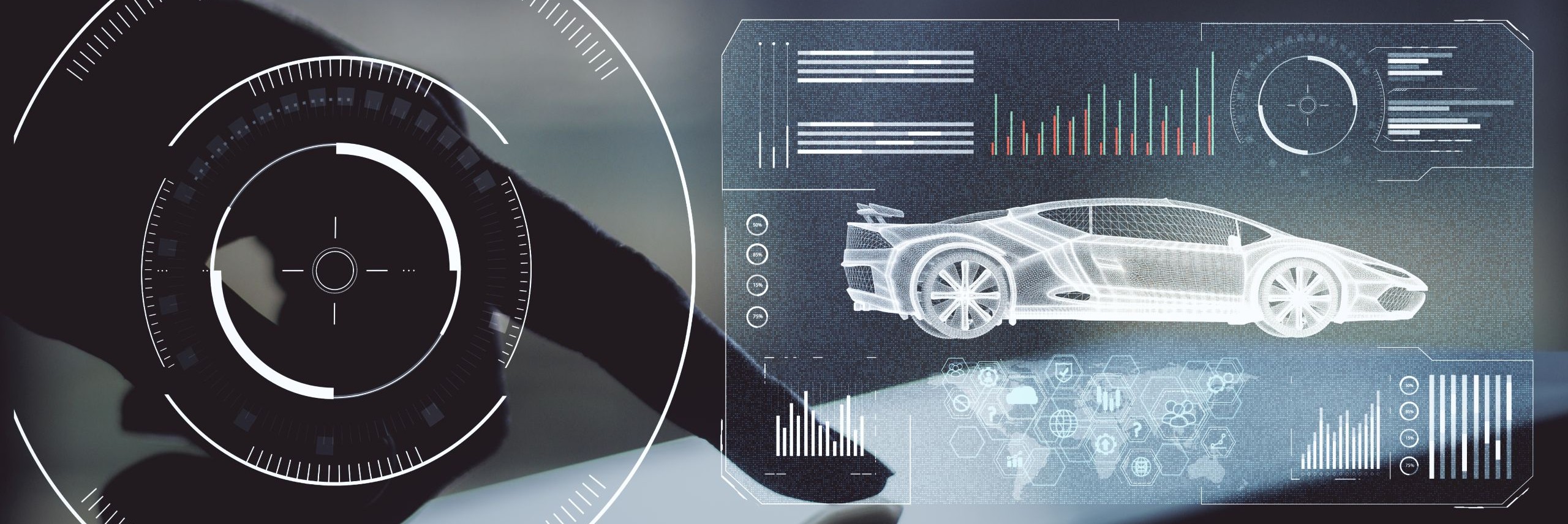 Mano operando una interfaz táctil con gráficas y el esquema tridimensional de un vehículo, referencia visual de analytics automotriz en México para distribuidores de autopartes, tratamiento de marca en tono azul